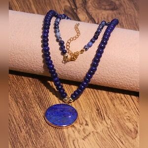 Natural Lapis Lazuli Disc Pendant Necklace